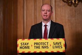 Chief Medical Officer Professor Chris Witty during a media briefing in Downing Street, London, on coronavis - now he says he didn’t agree with restricting time outdoors.