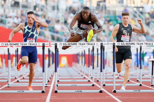 Devon Allen, Grant Holloway and Trey Cunningham compete in the Men's 110 Meters Hurdle Final on day nine of the 2020 U.S. Olympic Track & Field Team Trials at Hayward Field on June 26, 2021 in Eugene, Oregon. (Photo by Steph Chambers/Getty Images)