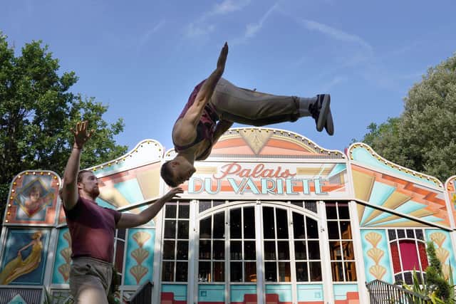 Arthur Parsons (left) and Adam Fullick, of experimental acrobatic circus company Barely Methodical Troupe, who star in the hit show Bromance, at George Square Gardens in Edinburgh