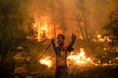 A local resident holds an empty water hose during an attempt to extinguish forest fires approaching the village of Pefki on Evia (Euboea) island, Greece’s second largest island, on August 8, 2021 (Photo by ANGELOS TZORTZINIS/AFP via Getty Images)