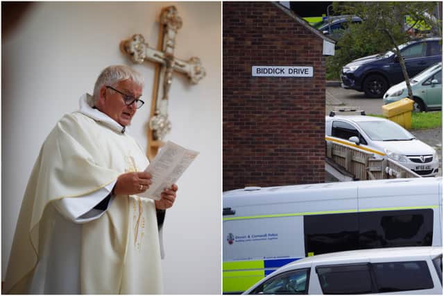 <p>Parish Priest David Way urged against a ‘cycle of anger’ during a service at St Thomas Church in Plymouth while police investigations at Biddick Drive continue (PA)</p>