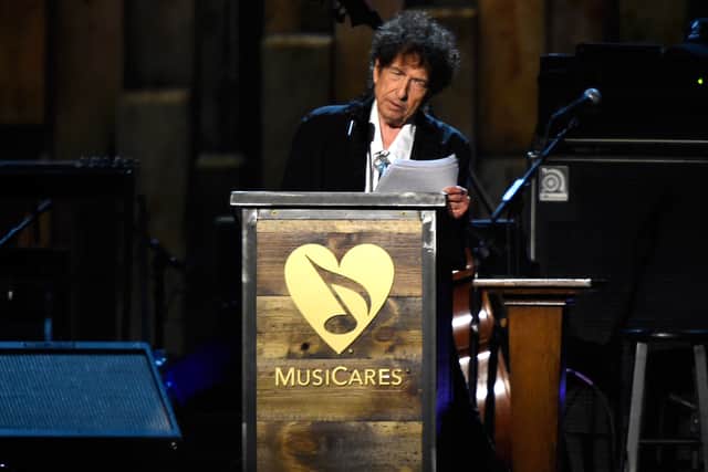 Bob Dylan speaks onstage at the 25th anniversary MusiCares 2015 Person Of The Year Gala at the Los Angeles Convention Center on February 6, 2015 (Photo by Frazer Harrison/Getty Images)