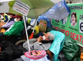 Support Our Gurkhas protesters continue their hunger strike as they demonstrate for equal pensions outside Downing Street in central London (Photo: JUSTIN TALLIS/AFP via Getty Images)
