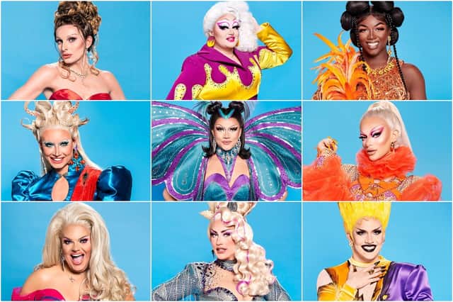 A selection of contestants from RuPaul’s Drag Race UK season 3: (L-R from top left) Veronica Green, Victoria Scone, Vanity Milan, Scarlett Harlett, River Medway, Krystal Versace, Kitty Scott-Claus, Ella Vaday, and Elektra Fence (Photos: BBC)