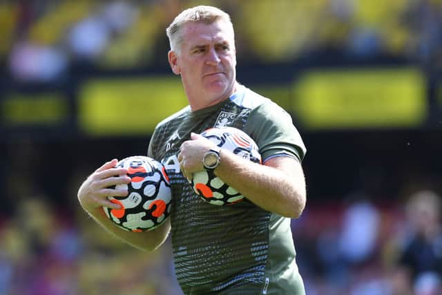 Aston Villa Head Coach Dean Smith during the Premier League match between Watford and Aston Villa at Vicarage Road on August 14, 2021 in Watford, England. 