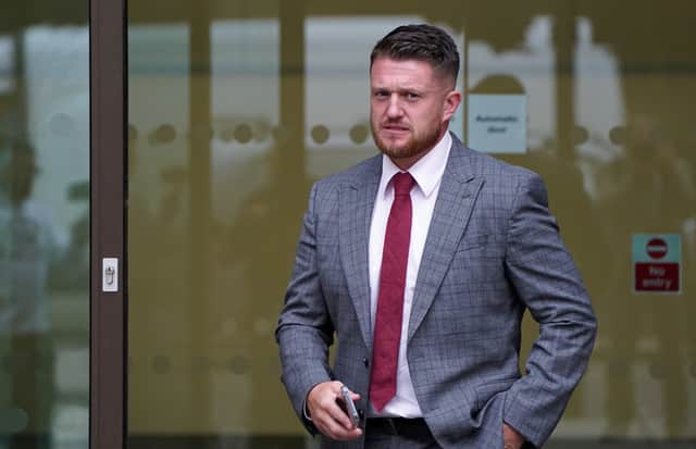 Tommy Robinson outside Westminster Magistrates’ Court, London, where he is accused of stalking journalist Lizzie Dearden (Photo: PA)
