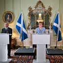 First Minister Nicola Sturgeon (centre) and Scottish Green Party co-leaders Patrick Harvie (left) and Lorna Slater (right) at Bute House (Photo: PA)