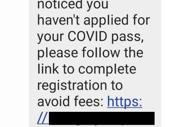  The text seen by the Chartered Trading Standards Institute (CTSI) about the NHS Covid passports, designed to scam victims into clicking on a phoney website (SWNS/CTSI)