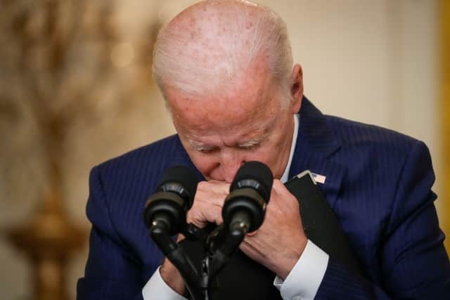 US president Joe Biden pauses while listening to a question from a reporter about the situation in Afghanistan at the White House on August 26 as 13 American service members were killed by suicide bomb attacks near the Hamid Karzai International Airport in Kabul (image: Drew Angerer/Getty)