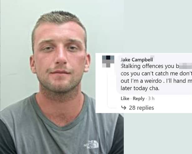 Jake Campbell - wanted for alleged stalking offences - has mocked police efforts to arrest him by commenting on their own Facebook post