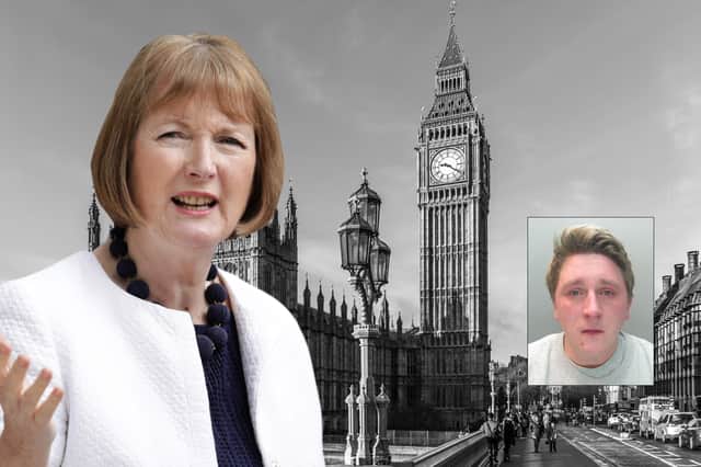 <p>Harriet Harman MP (left) has asked the Attorney General to refer the sentence given to Sam Pybus (right, inset) to the Court of Appeal for being too lenient</p>