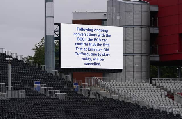 A view of a message displayed at Emirates Old Trafford in Manchester afterthe fifth Test between India and England was cancelled over Covid concerns, the England and Wales Cricket Board has announced. Picture date: Friday September 10, 2021.