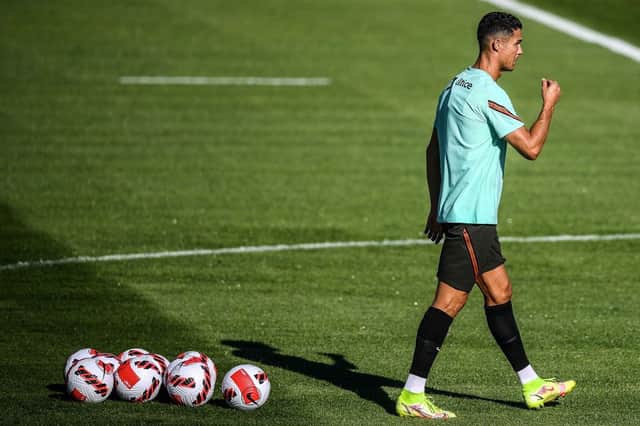 Cristiano Ronaldo attends a training session. (Photo by PATRICIA DE MELO MOREIRA/AFP via Getty Images)