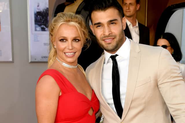 Britney Spears (L) and Sam Asghari arrive at the premiere of Sony Pictures’ “One Upon A Time...In Hollywood” at the Chinese Theatre on July 22, 2019 in Hollywood, California  (Photo by Kevin Winter/Getty Images)