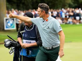 Justin Rose celebrates after holing an eagle on the 18th hole at the BMW PGA Championship at Wentworth. It wasn’t enough to land him a spot in the Ryder Cup team, however.