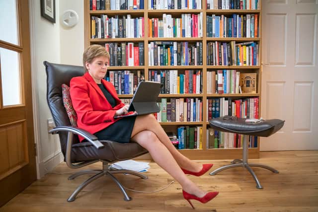 Nicola Sturgeon at her home in Glasgow preparing the speech she will give to the SNP National Conference virtually on September 12 (Photo by Jane Barlow/Pool/Getty Images)