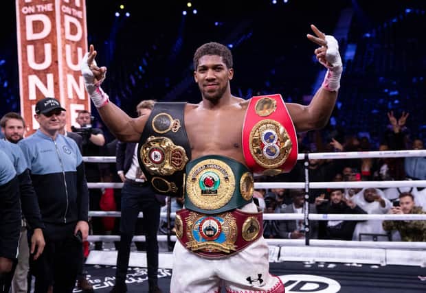 Anthony Joshua stands with IBF, WBA, WBO and IBO belts after beating Andy Ruiz JR and will fight to keep them in upcoming bout with Oleksandr Usyk
