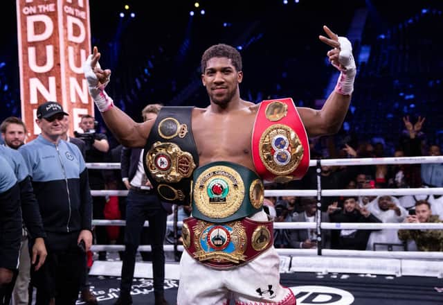 <p>Anthony Joshua stands with IBF, WBA, WBO and IBO belts after beating Andy Ruiz JR and will fight to keep them in upcoming bout with Oleksandr Usyk</p>