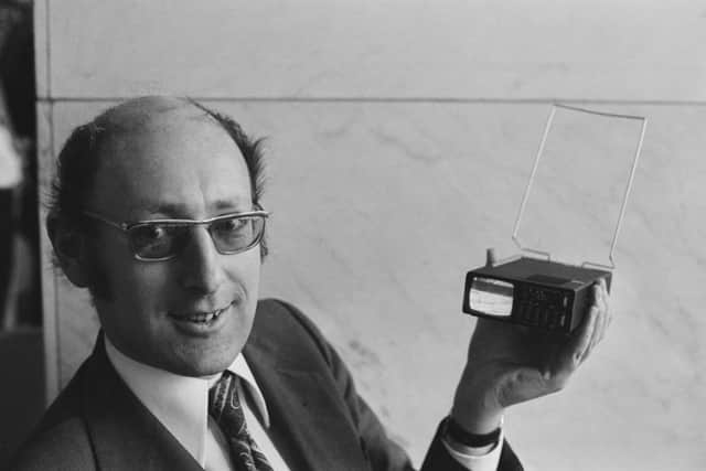 Sir Clive Sinclair holding a Sinclair MTV1 Microvision pocket television in 1977 (Photo: Evening Standard/Hulton Archive/Getty Images)