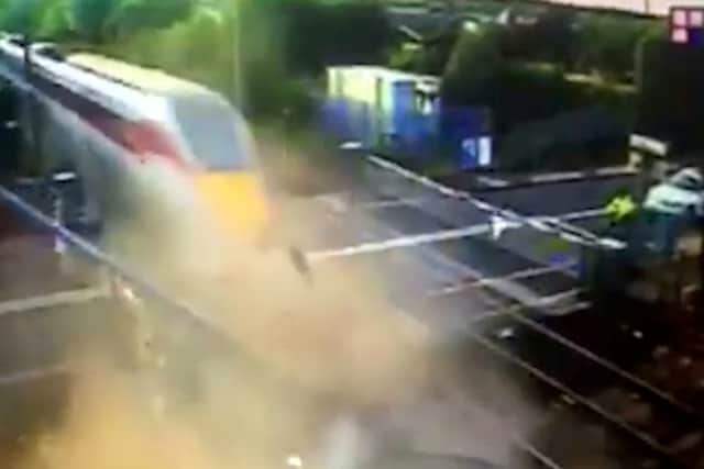 Shocking CCTV footage captured the moment Rochford’s 4x4 collided with an LNER Azuma train (image: SWNS)