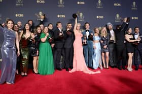 Cast and crew such as Leann Bowen, Jeff Ingold , Tina Pawlik, Jeremy Swift, Phil Dunster , Bill Lawrence, Brett Goldstein, Hannah Waddingham, Jason Sudeikis, Juno Temple, Brendan Hunt, Bill Wrubel, Phoebe Walsh, and Nick Mohammed, accept the award for best comedy for Ted Lasso