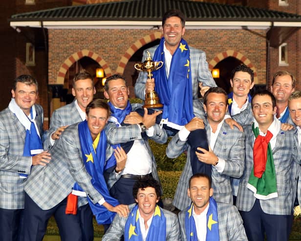 The European team hoist their captain Jose Maria Olazabal after Europe defeated the USA 14.5 to 13.5 at The 39th Ryder Cup at Medinah Country Club on September 30, 2012