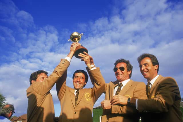 Spanish golfers Seve Ballesteros, Manuel Pinero, Jose Maria Canizares and Jose Rivero of the European team win the Ryder Cup at The Belfry i