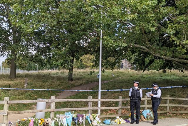 The police scene in Kidbrooke, where Sabina Nessa was killed. People have been leaving flowers in tribute. Credit: Lynn Rusk