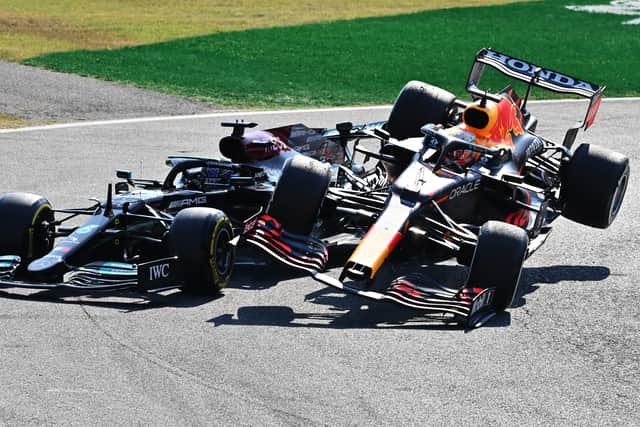 Verstappen collides with Hamilton resulting in him receiving a three-grid penalty for the Russian GP.