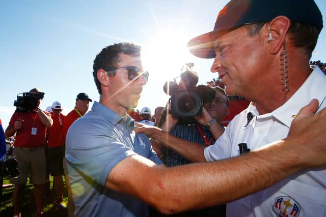 Davis Love III, right, with Rory McIlroy at the last Ryder Cup. This will be Love’s sixth Ryder Cup.