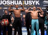 Anthony Joshua and Oleksandr Usyk face off during their weigh in ahead of their Heavyweight Fight at Cineworld 02 Arena