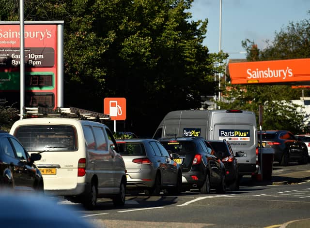 Motorists queue for petrol at a Sainsbury’s service station in Tonbridge (image: Ben Stansall/AFP via Getty Images)