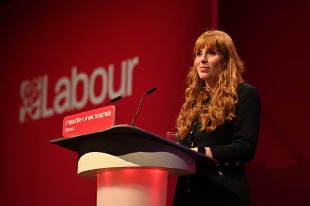 Britain’s main opposition Labour Party deputy leader Angela Rayner delivers a speech on stage during the opening day of the annual Labour Party conference in Brighton (image: Justin Tallis/AFP via Getty Images)