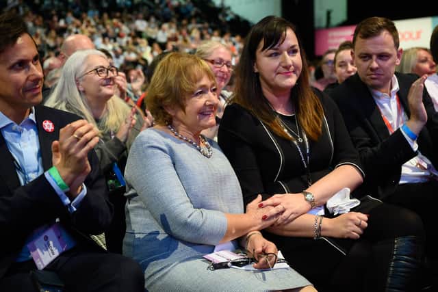 Labour former minister Dame Margaret Hodge ( second left) and former Labour MP Ruth Smeeth (second right) listen to speeches in the main hall on day two of the Labour Party conference (image: Leon Neal/Getty Images)