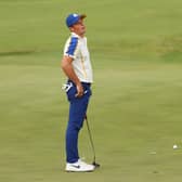 Viktor Hovland of Norway and team Europe reacts on the 18th green during Sunday Singles Matches of the 43rd Ryder Cup at Whistling Straits on September 26, 2021 in Kohler, Wisconsin
