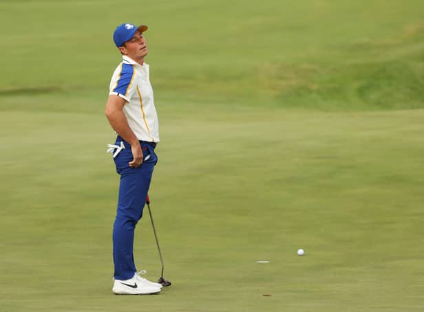 <p>Viktor Hovland of Norway and team Europe reacts on the 18th green during Sunday Singles Matches of the 43rd Ryder Cup at Whistling Straits on September 26, 2021 in Kohler, Wisconsin</p>