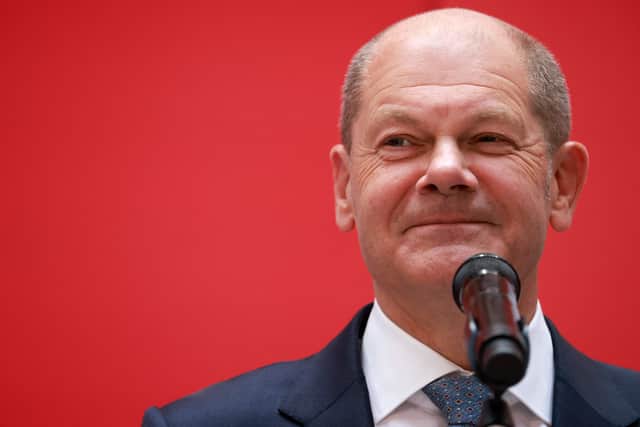 Social Democrats (SPD) candidate for Chancellor Olaf Scholz delivers a press statement at the party’s headquarters in Berlin on September 27, one day after general elections (image: Odd Adersen/AFP via Getty Images)