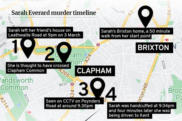 Map showing Sarah Everard’s last movements and where her remains were found.