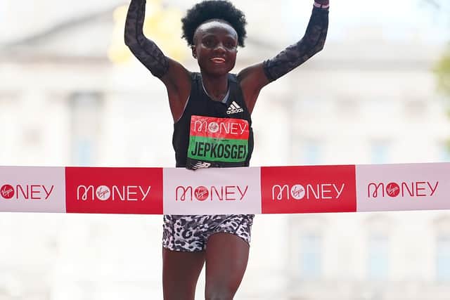 Kenyon Joceline Jepkosgei wins elite women’s race at London Marathon 2021.