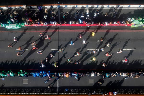 Runners crossing Tower Bridge at the London Marathon. 