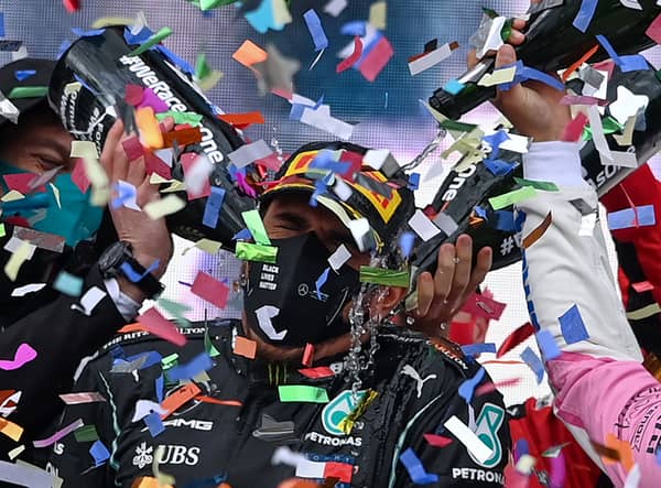 Lewis Hamilton celebrates his 2020 win at the Turkish GP as well as his seventh world championship title.