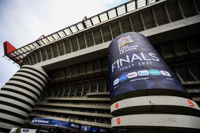 A view shows the logo of the UEFA Nations League football competition at the San Siro (Giuseppe-Meazza) stadium