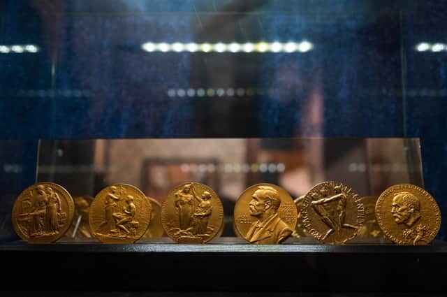 This year’s Nobel Peace Prizes are pit on show at the laboratory of prize founder Alfred Nobel (Picture: Getty Images)