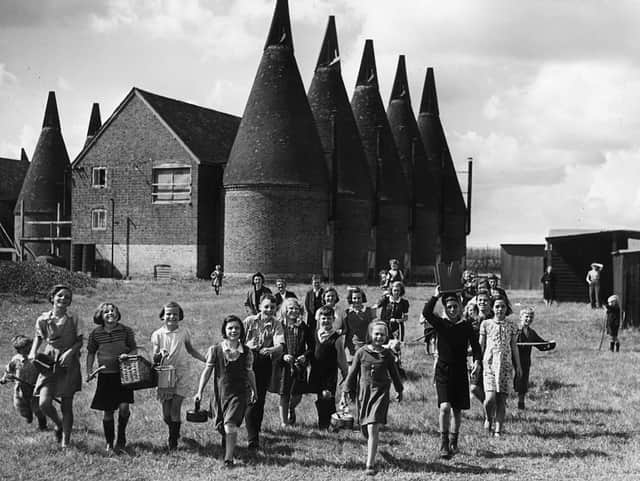 Children go hop picking in Kent in 1943, the villages would have looked much the same in the 1950s (Picture: Getty)