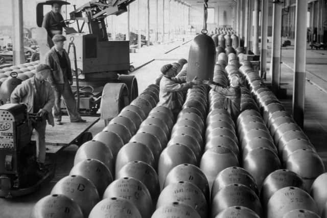 1940:  A stock of torpedo warheads waiting to be filled with high explosives at an Admiralty Factory.  (Photo by Keystone/Getty Images)