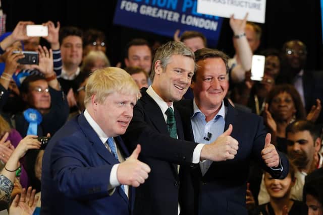 Johnson, Goldsmith and then Prime Minister David Cameron at a London Mayoral election campaign in 2016 (Picture: Getty Images)