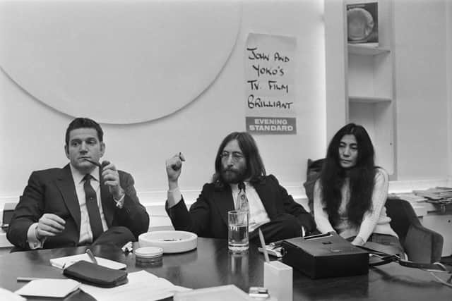 Allen Klein with John Lennon and Yoko Ono in 1969 (Photo by C. Maher/Daily Express/Hulton Archive/Getty Images)