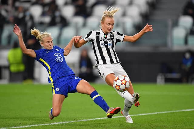 Pernille Harder, right, at this year’s Champions League competition. She has scored in both matches