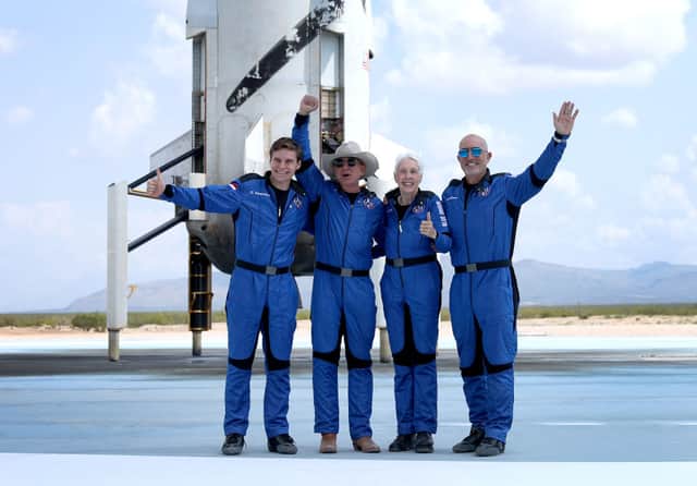 Blue Origins New Shepard crew Oliver Daemen, Jeff Bezos, Wally Funk, and Mark Bezos pose for a picture after flying into space (Photo: Joe Raedle/Getty Images)