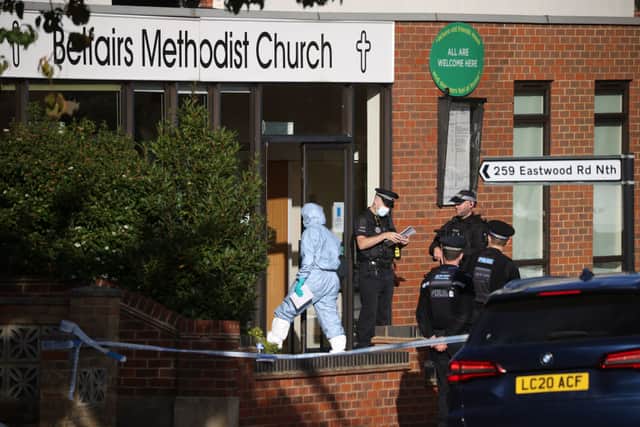  Police officers at the scene of the stabbing of Conservative MP Sir David Amess in in Leigh-on-Sea (Picture: Getty Images)